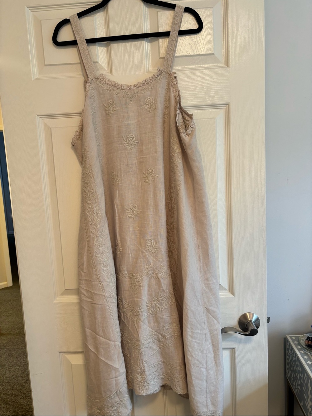Magnolia Pearl Linen Midi Dress in Light Beige with Cream Embroidery - Picture 6 of 11